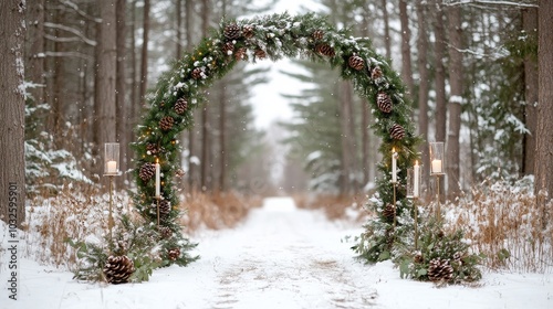 Winter wedding archway adorned with pinecones and greenery in a snowy forest ...