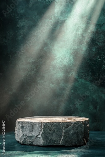 Natural stone pedestal illuminated by soft light in a dark environment