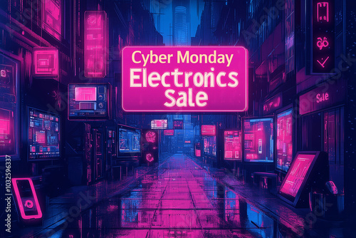 Vibrant Cyber Monday electronics sale in a futuristic cityscape at night with glowing neon signs and reflections on wet pavement