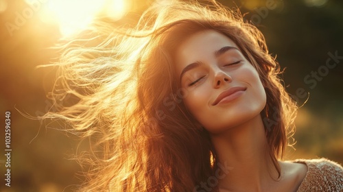 A beautiful woman enjoying a carefree moment outdoors as the sun sets, radiating joy and tranquility in a casual setting