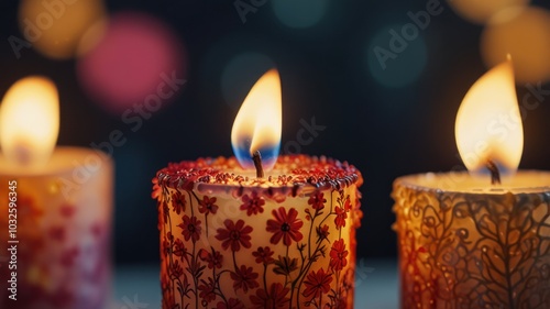 Three candles burning with a bokeh background, one with a floral design.