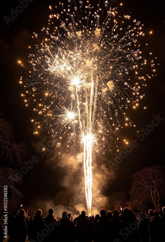 Spectacular fireworks illuminate the night sky over a gathering crowd during ...