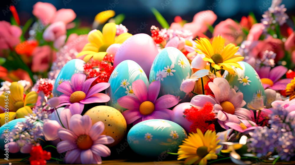 Banner of a composition of colorful Easter eggs with multicolored flowers on a blurry pastel blue background. Copy space. Banner of a composition of colorful Easter eggs with multicolored flowers on a blurry pastel blue background. Copy space.
