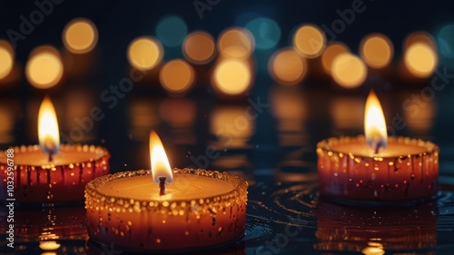 Three floating candles with a bokeh background.