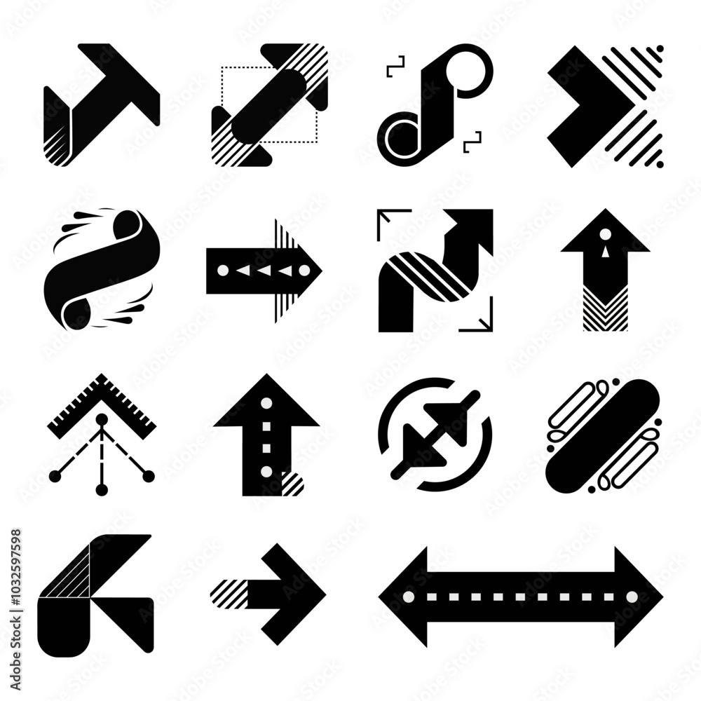 Obraz premium Set of stylized arrows with decorative elements. Vector set of many arrows stylized as various elements, including rotation, bends, movement and schemes.