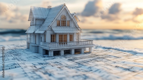 Un modelo en miniatura de una casa blanca colocado sobre un plano arquitectónico, con el mar y el cielo al fondo.
