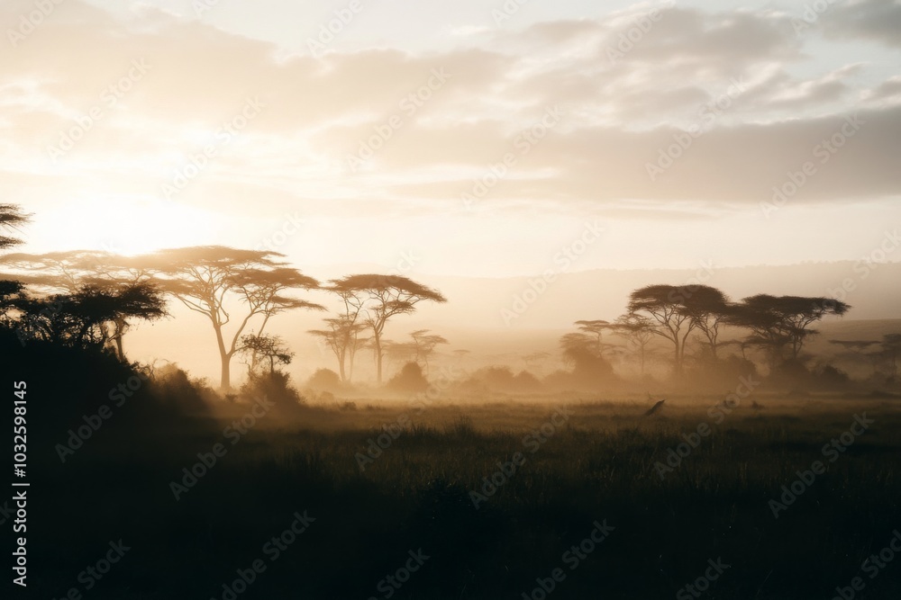 Serene African Landscape at Dawn with Misty Acacia Trees Serene African Landscape at Dawn with Misty Acacia Trees