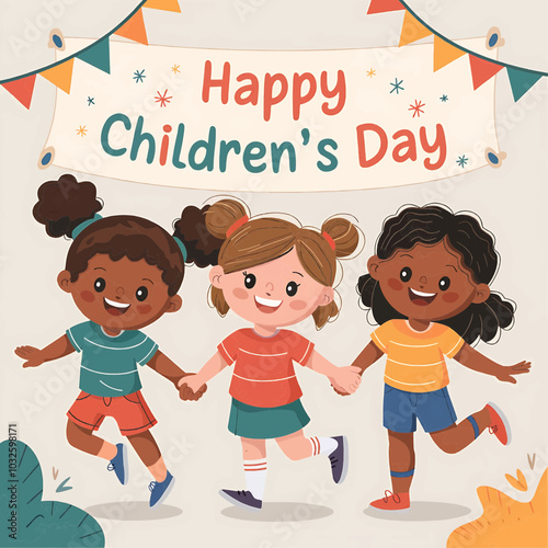 Vector illustration for Happy Children's Day celebration featuring a group of happy children dancing together, perfect for festive and playful designs. photo