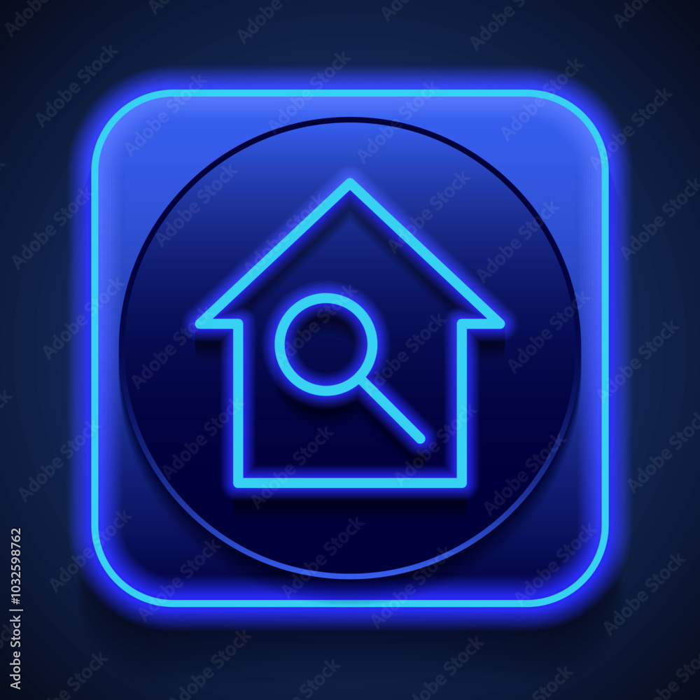 Magnifier, zoom, house simple icon vector. Flat design. Blue neon style on button. With shadow Magnifier, zoom, house simple icon vector. Flat design. Blue neon style on button. With shadow