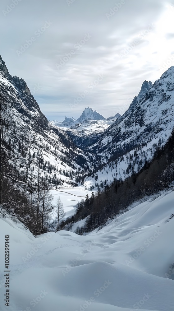Panoramic view down snow covered valley in alpine mountain range Panoramic view down snow covered valley in alpine mountain range
