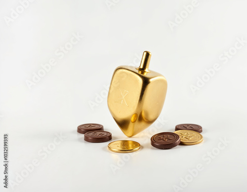 a gold dreidel with chocolate coins on a white background photo