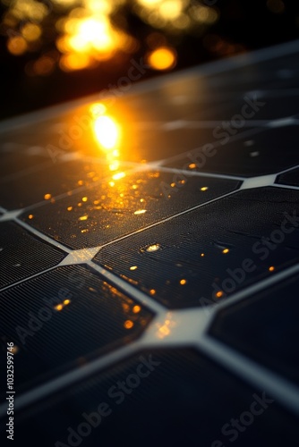 Una imagen cercana de un panel solar con gotas de agua y el reflejo del sol poniente en su superficie.

 photo