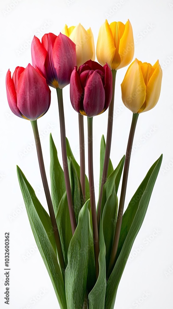 Colorful tulips in a bouquet, white isolated background Colorful tulips in a bouquet, white isolated background