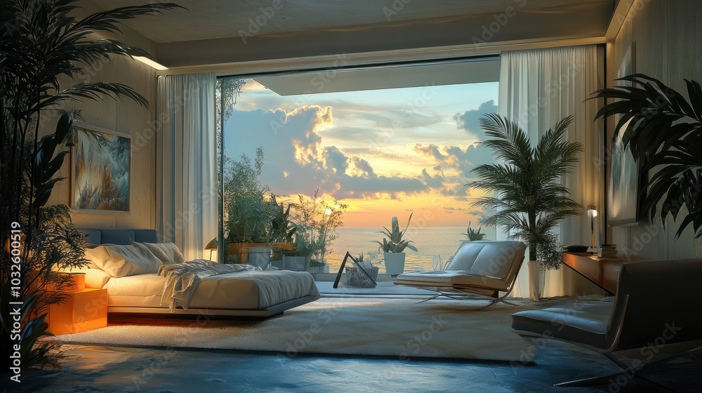 Fototapeta premium Architecture interior design home bedroom living room concept modern luxury furnishings. City living nature landscape house by the ocean