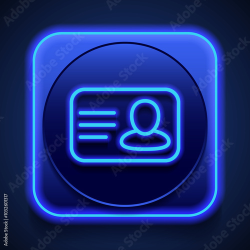 Id card simple icon vector. Flat design. Blue neon style on button. With shadow