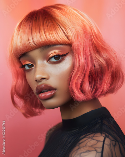 Wallpaper Mural Vibrant portrait of a stylish woman with short wavy peach hair, bold makeup, and confident expression against a soft pink background, perfect for fashion, beauty, and hairstyle concepts Torontodigital.ca