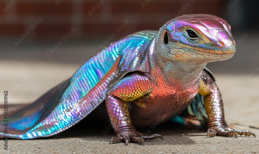 Obraz premium Iridescent lizard with a cape on the ground.