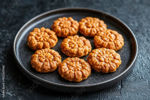 Caramel-Topped Cookies on a Black Plate