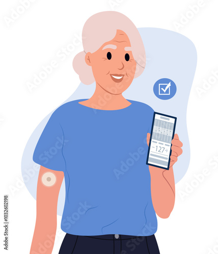 World Diabetes Day. Elderly woman with diabetes checks monitor blood sugar level with glucose sensor and mobile phone. Person uses a mobile app for diabetics. National diabetes awareness month.