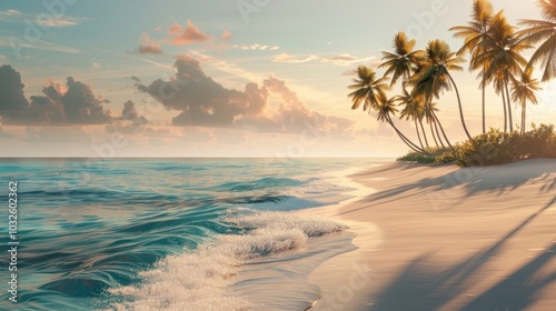 A tranquil afternoon on a secluded white sandy beach in the Pacific, with gentle waves lapping against the shore and swaying palm trees photo