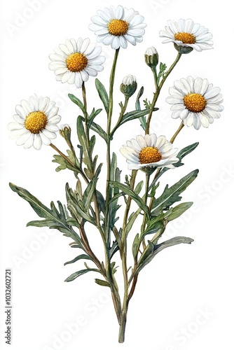 Daisy flowers with green leaves on a white isolated background.