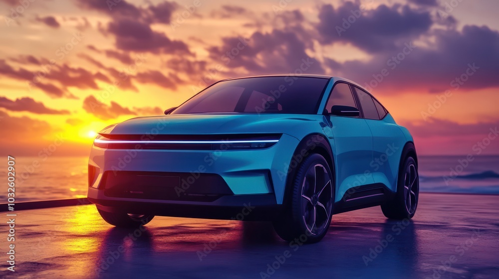 Blue compact SUV car with sport and modern design parked on concrete road by sea beach at sunset. New shiny SUV car drive for travel on summer vacations with road trip. Front view of electric car. Blue compact SUV car with sport and modern design parked on concrete road by sea beach at sunset. New shiny SUV car drive for travel on summer vacations with road trip. Front view of electric car.