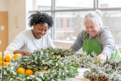 Smiling Women Create Eco-Friendly Christmas Wreaths at Community Center With Sunlit Joy