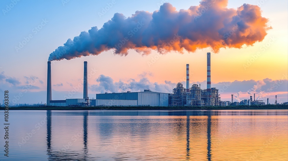 Industrial landscape with smokestacks at sunset. Industrial landscape with smokestacks at sunset.