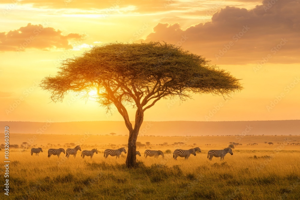 Zebras Roaming Under an Acacia Tree at Sunset in the Savannah Zebras Roaming Under an Acacia Tree at Sunset in the Savannah