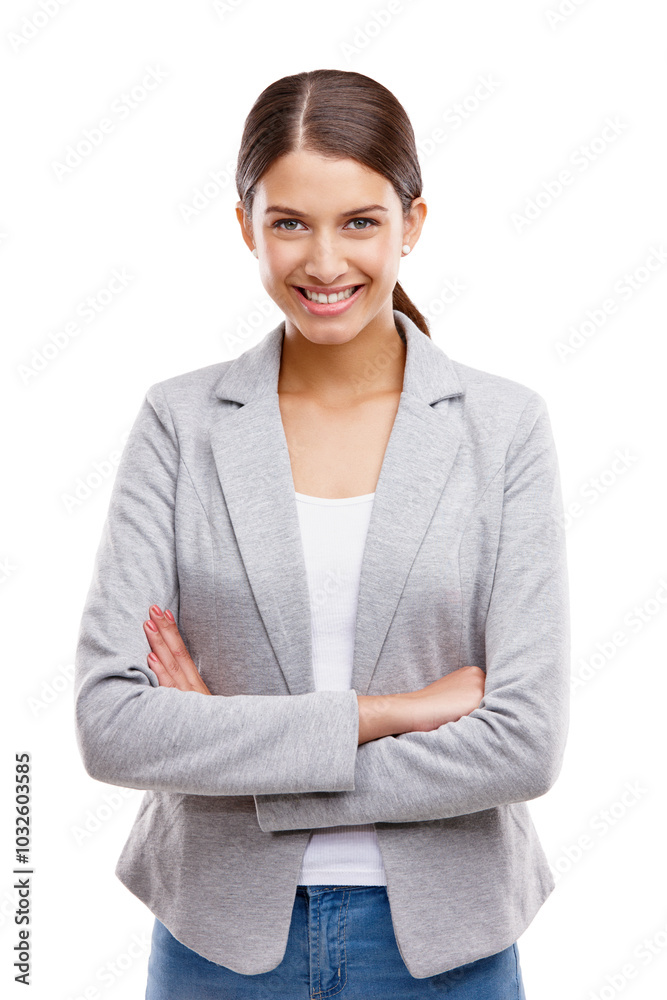 Crossed arms, happy and portrait of businesswoman in studio with confidence and positive attitude. Smile, career and female financial advisor from Portugal with pride for job by white background. Crossed arms, happy and portrait of businesswoman in studio with confidence and positive attitude. Smile, career and female financial advisor from Portugal with pride for job by white background.