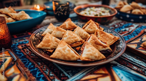 Plate of freshly baked triangular sambousek waiting on decorated table photo