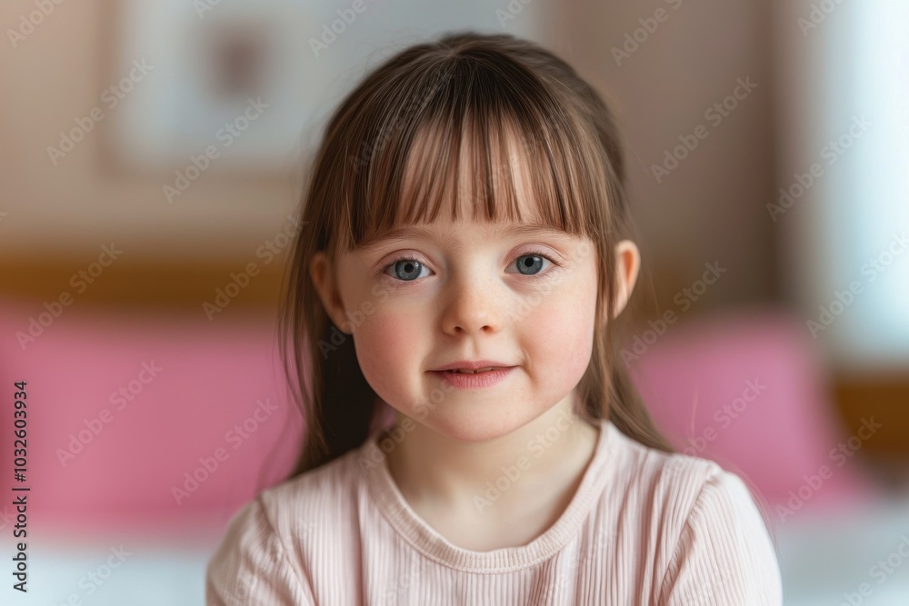 Portrait of a down syndrome young girl smiling with brown hair in a natural setting. Portrait of a down syndrome young girl smiling with brown hair in a natural setting.