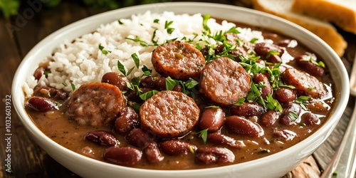 bowl of red beans and rice with sausage classic food photography