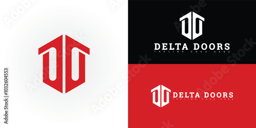 Modern initial hexagon vector letter D or DD logo in red color isolated on multiple background colors. The logo is suitable for commercial metal and wood door brand logo design inspiration templates.