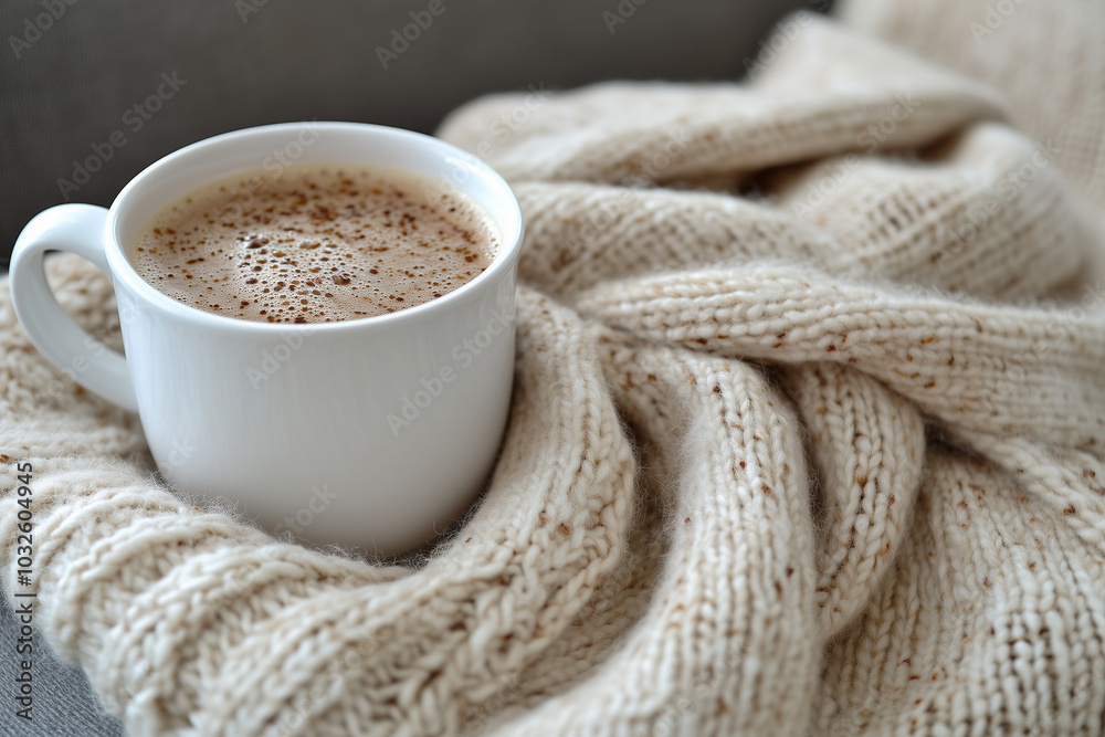 A minimalist autumn flat lay of wool socks, a cup of mulled cider, and a beige scarf, capturing the soft, warm tones of fall. A minimalist autumn flat lay of wool socks, a cup of mulled cider, and a beige scarf, capturing the soft, warm tones of fall.