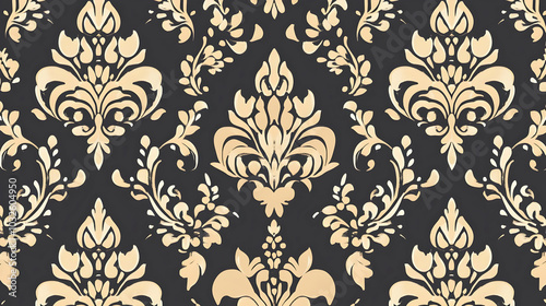 Ornate floral pattern with cream and dark background, suitable for wallpaper or textile design.