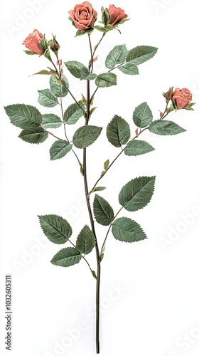 Pink rose branch with leaves, white isolate background