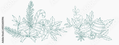 Set of Hand Drawn Christmas Botanicals with winter greenery, poinsettia, holly, mistletoe, pine, cone. Winter Plants Outline. Christmas Design. Christmas Floral Design. Winter Holiday Decor.
