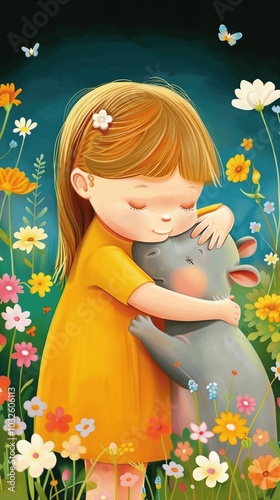 Girl Embracing Gray Animal Among Colorful Flowers
