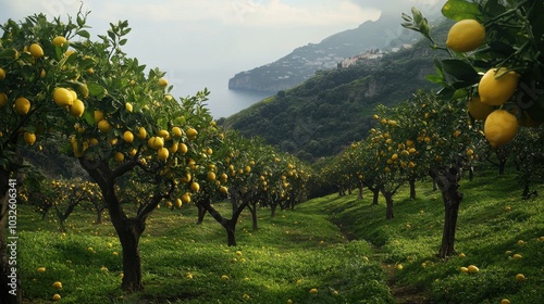 Lush Lemon Orchard Overlooking Coastal Landscape