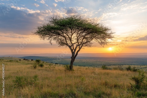 Wallpaper Mural Serene African Savannah Sunset with Lone Acacia Tree and Herd Torontodigital.ca