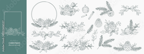 Set of Hand Drawn Christmas Botanicals with winter greenery, poinsettia, holly, mistletoe, pine, cone. Winter Plants Outline. Christmas Design. Christmas Floral Design. Winter Holiday Decor.