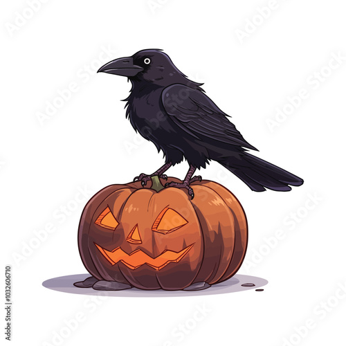 Spooky Crow with Jack-o'-Lantern Illustration for Halloween