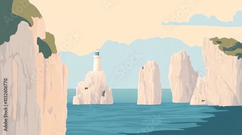 Serene Coastal Lighthouse Scene with Rocky Cliffs and Calm Sea