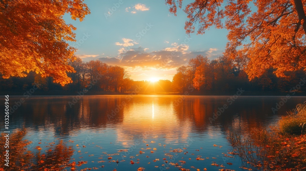 Obraz premium Golden sunlight casts a warm glow over the tranquil lake, with vibrant autumn leaves reflecting on the water's surface in a serene park.