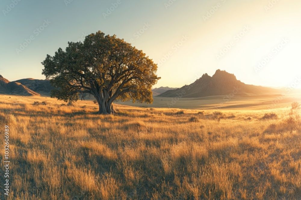 Majestic Tree and Mountain at Sunrise in Golden Field Landscape Majestic Tree and Mountain at Sunrise in Golden Field Landscape