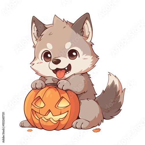 Adorable Wolf with Jack-o'-Lantern for Halloween