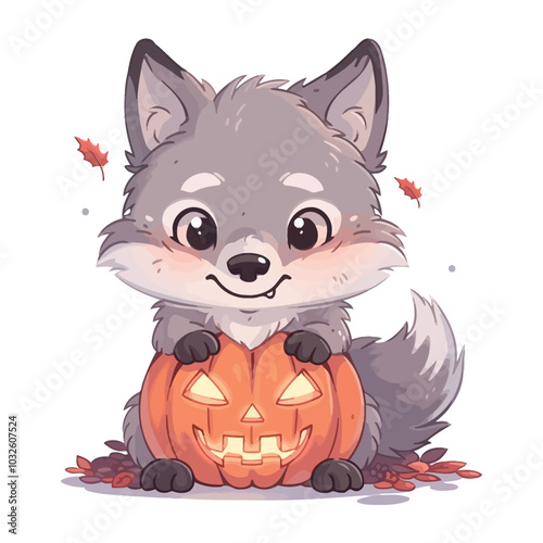 Adorable Wolf with Jack-o'-Lantern for Halloween