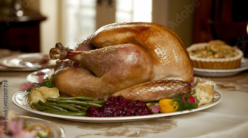 A beautifully roasted turkey served on a festive table, accompanied by side dishes.