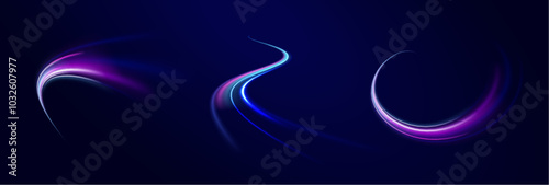 light road in the form of a swirl, neon color. Trendy geometric neon collage for speed movement. Abstract technology light lines background 3d.